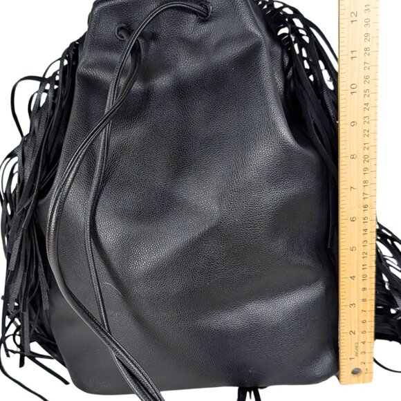 Victoria Secret NWT Black Faux Leather Drawstring Bucket Bag Backpack Tassels - Picture 2 of 7